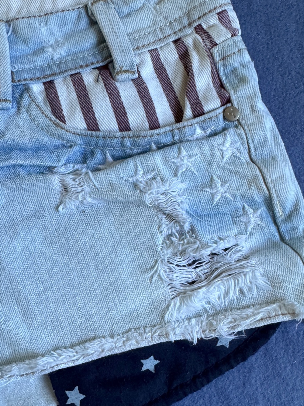 Distressed Denim Shorts with Flag Pocket & Star Details - Picture 3 of 7
